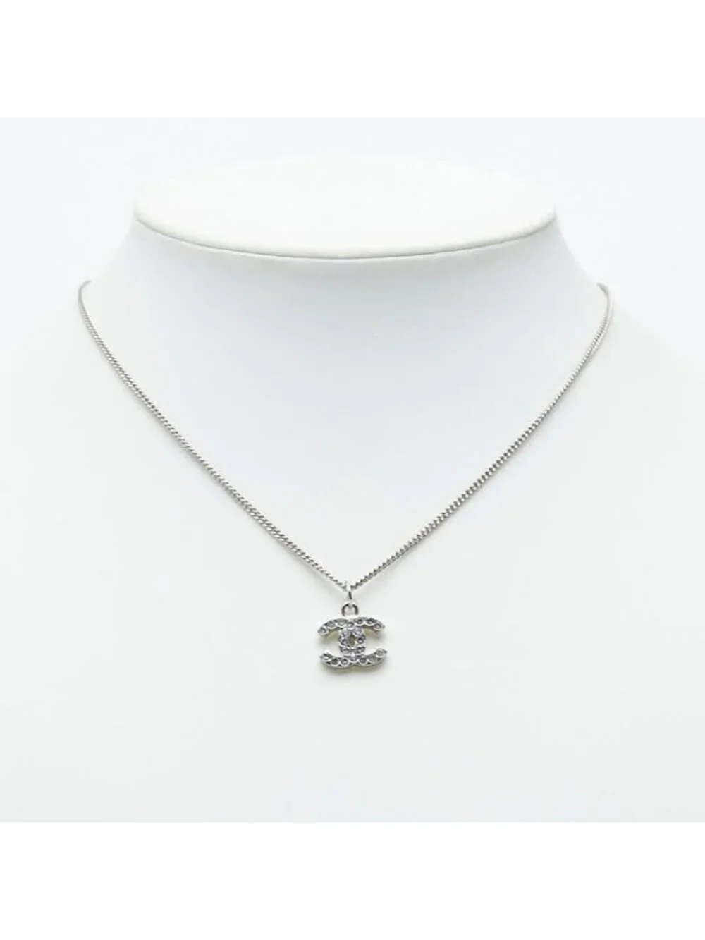 Chanel CC Logo Necklace Silver Metal Rhinestone